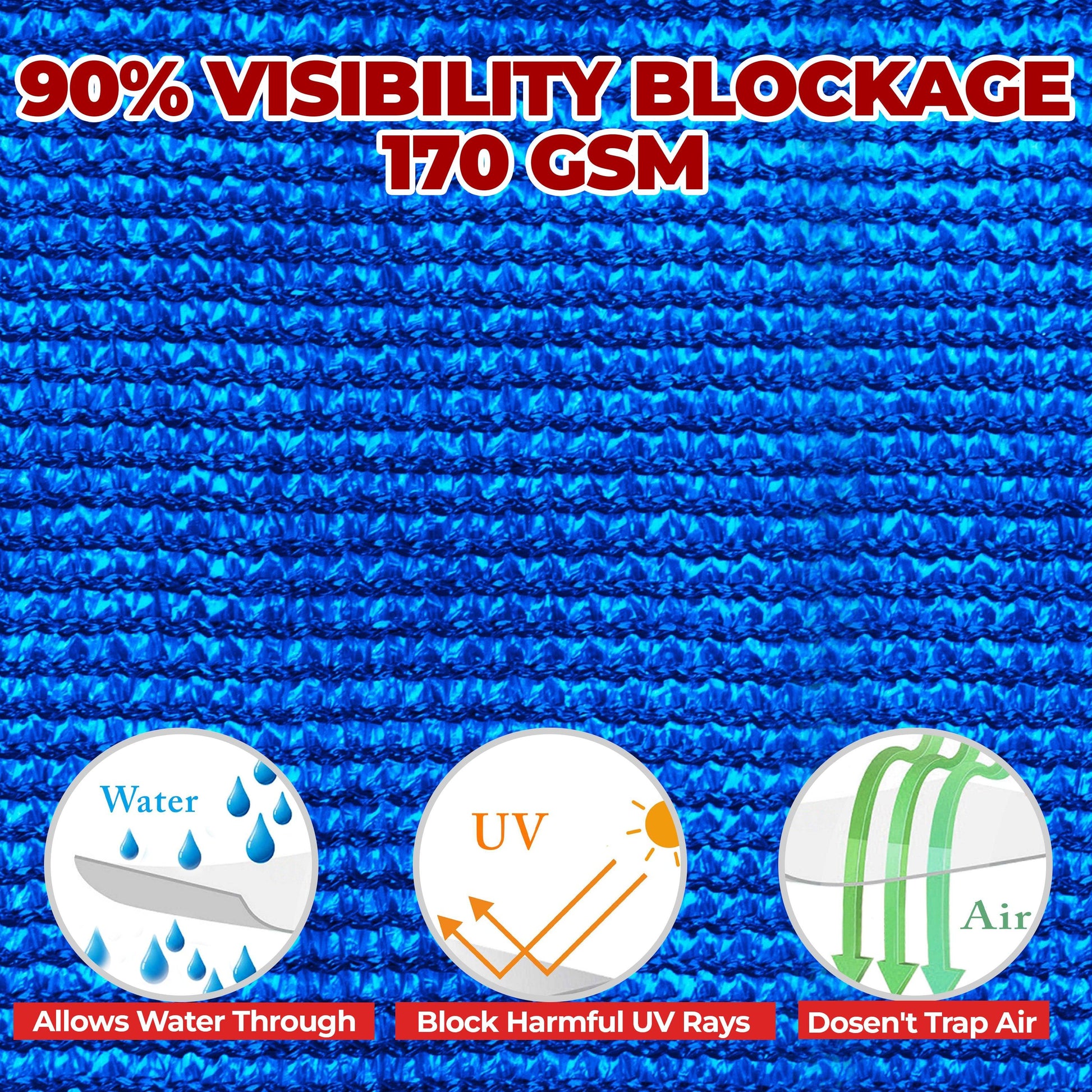 A blue shade cloth that blocks 90% of visible light and 99% of UV rays, perfect for patios, decks, or poolside.