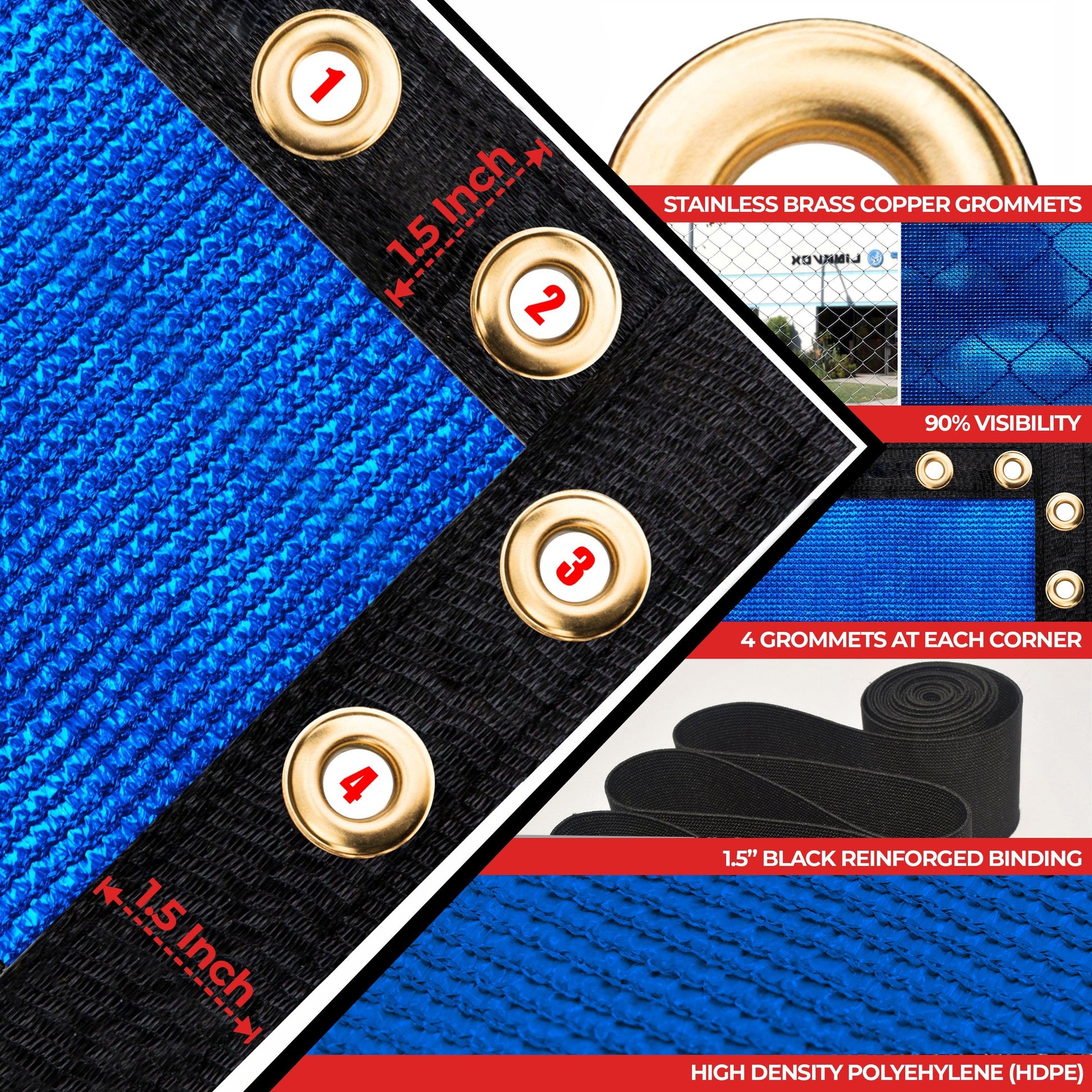 A blue shade cloth with brass grommets and reinforced binding,