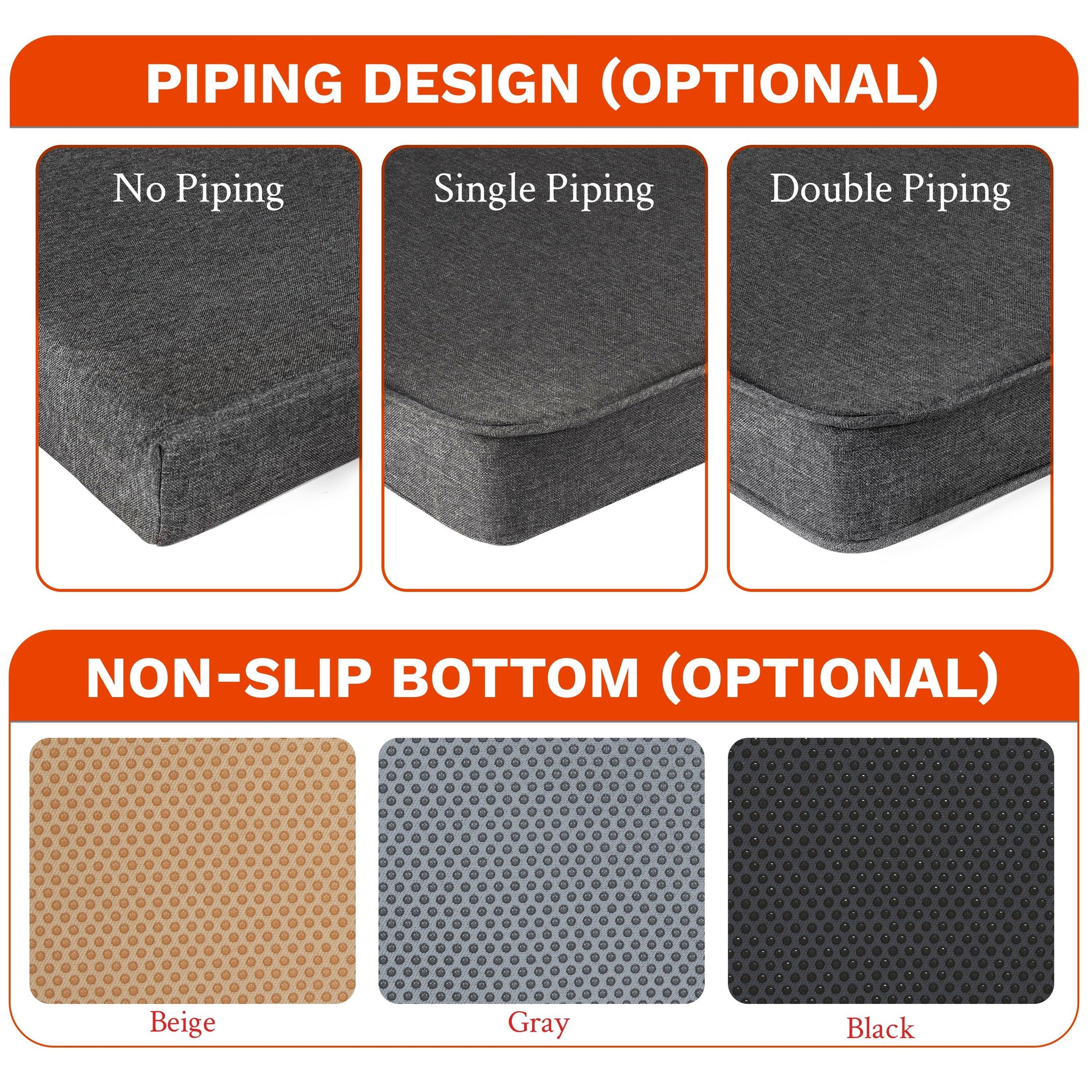 AMGO Cushion Selection Options 4 piping design 3 colors non-slip bottom