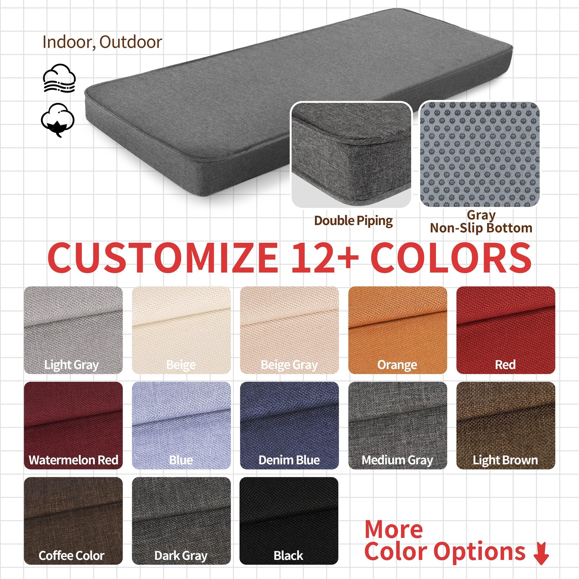 AMGO Cushion Selection Options indoor outdoor double piping gray Non-slip bottom 12 colors