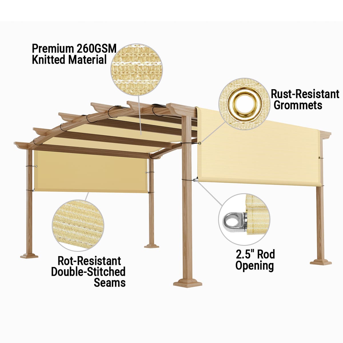 Close-up detail of breathable pergola cover with stainless steel metal rods