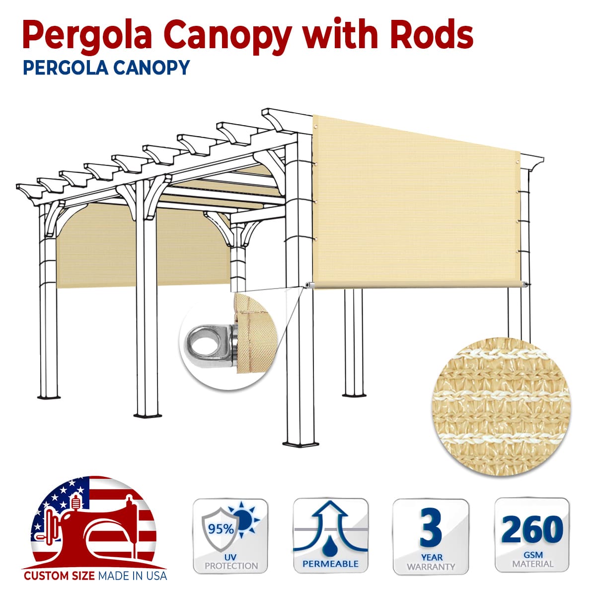 Custom Size Permeable Pergola Canopy with Stainless Steel Weighted Rods