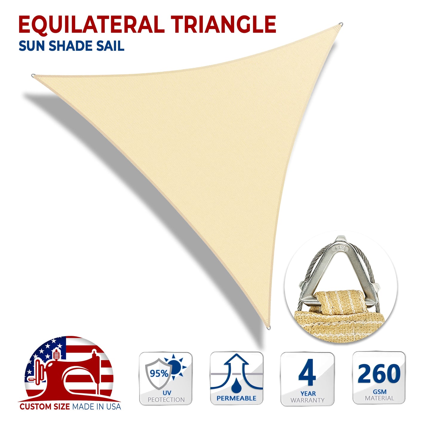 Custom Size equilateral triangle Sun Shade Sail with Wire Ring -  Pro Ring