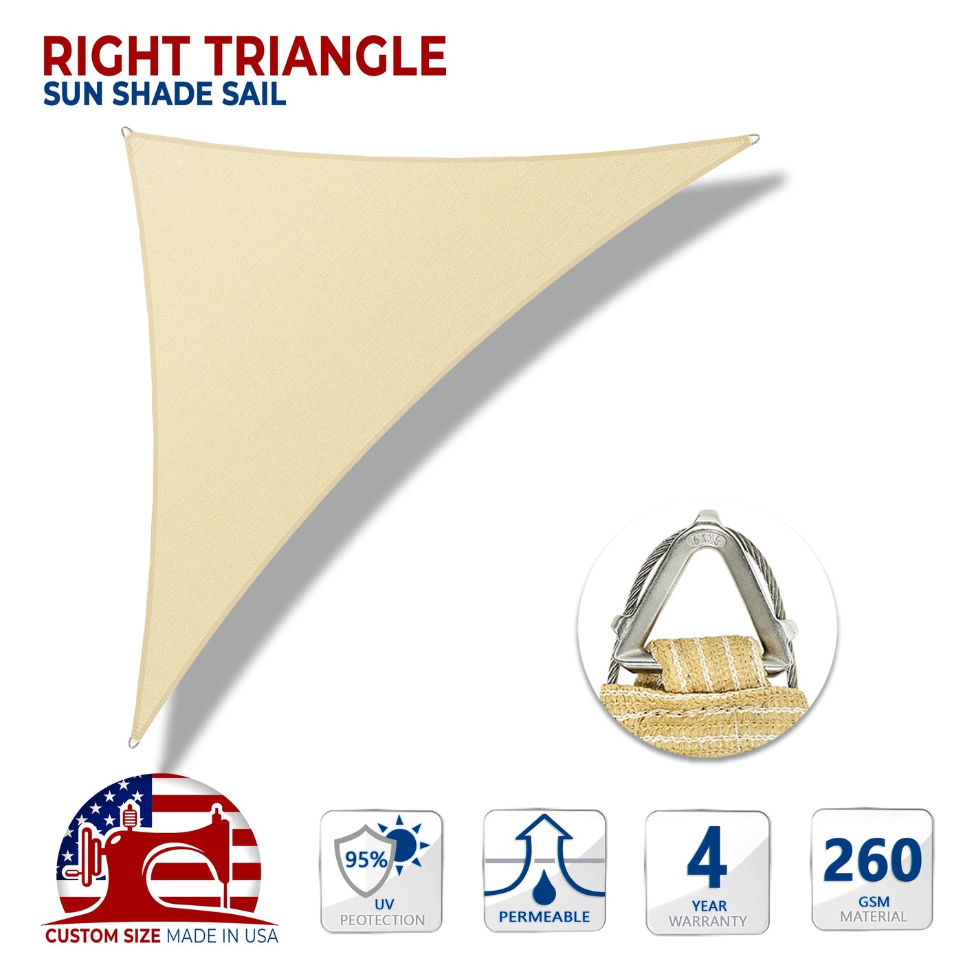 Custom Size right triangle Sun Shade Sail with Wire Ring -  Pro Ring