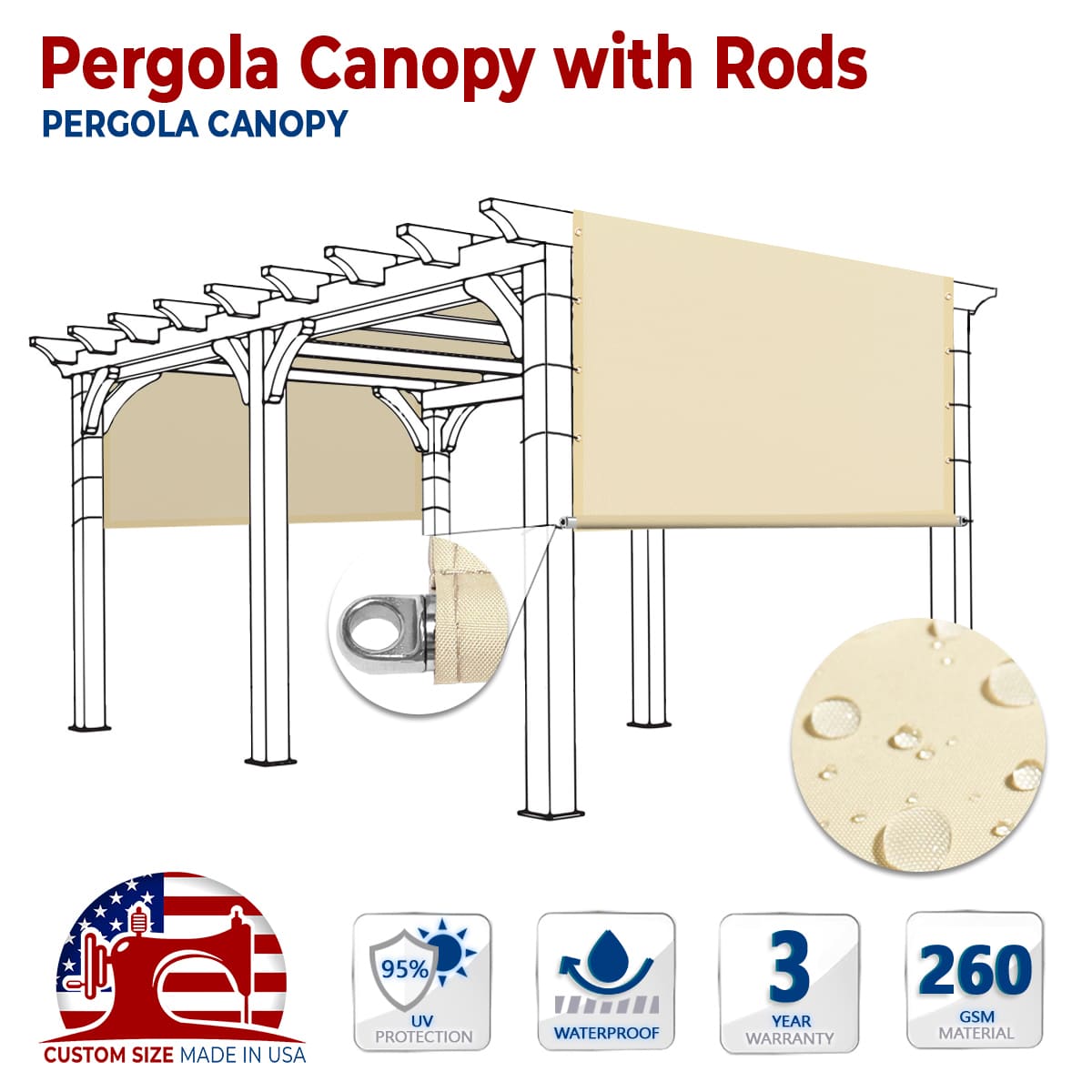 Custom Waterproof Pergola Canopy with Stainless Steel Weighted Rods
