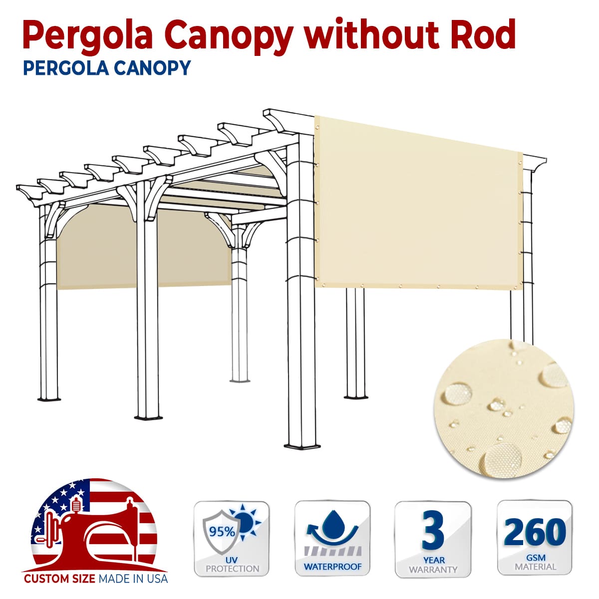 Custom Waterproof Pergola Canopy without Stainless Steel Weighted Rods