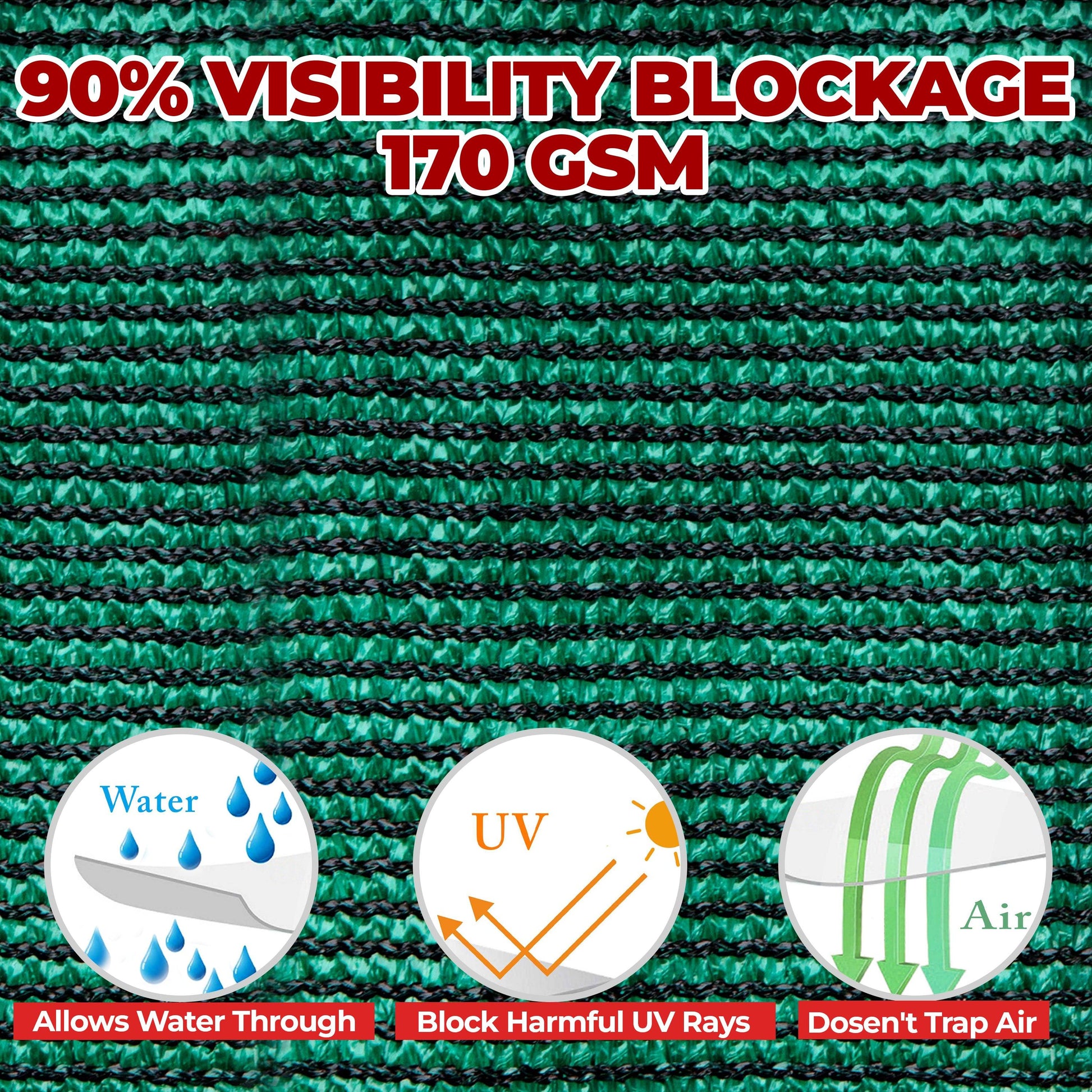 A green shade cloth that blocks 90% of visible light and 99% of UV rays, perfect for patios, decks, or poolside.