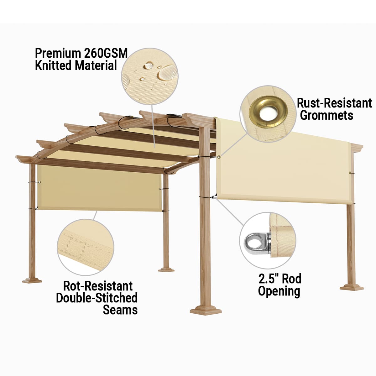 Localized features of pergola covers with stainless steel metal rods