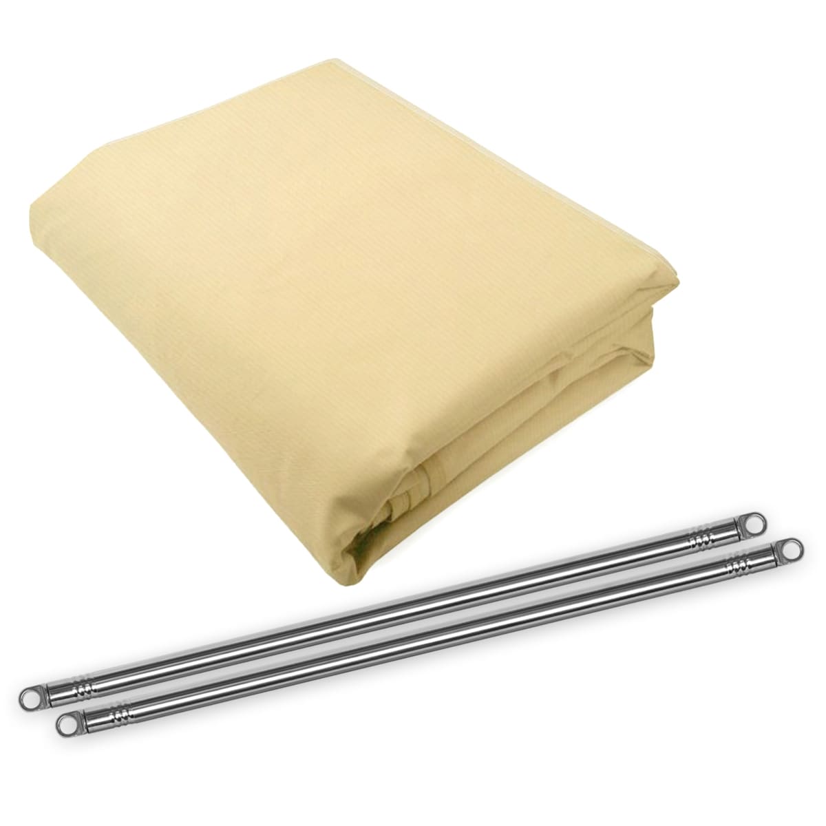 Physical close-up of a breathable pergola cover with stainless steel metal rods