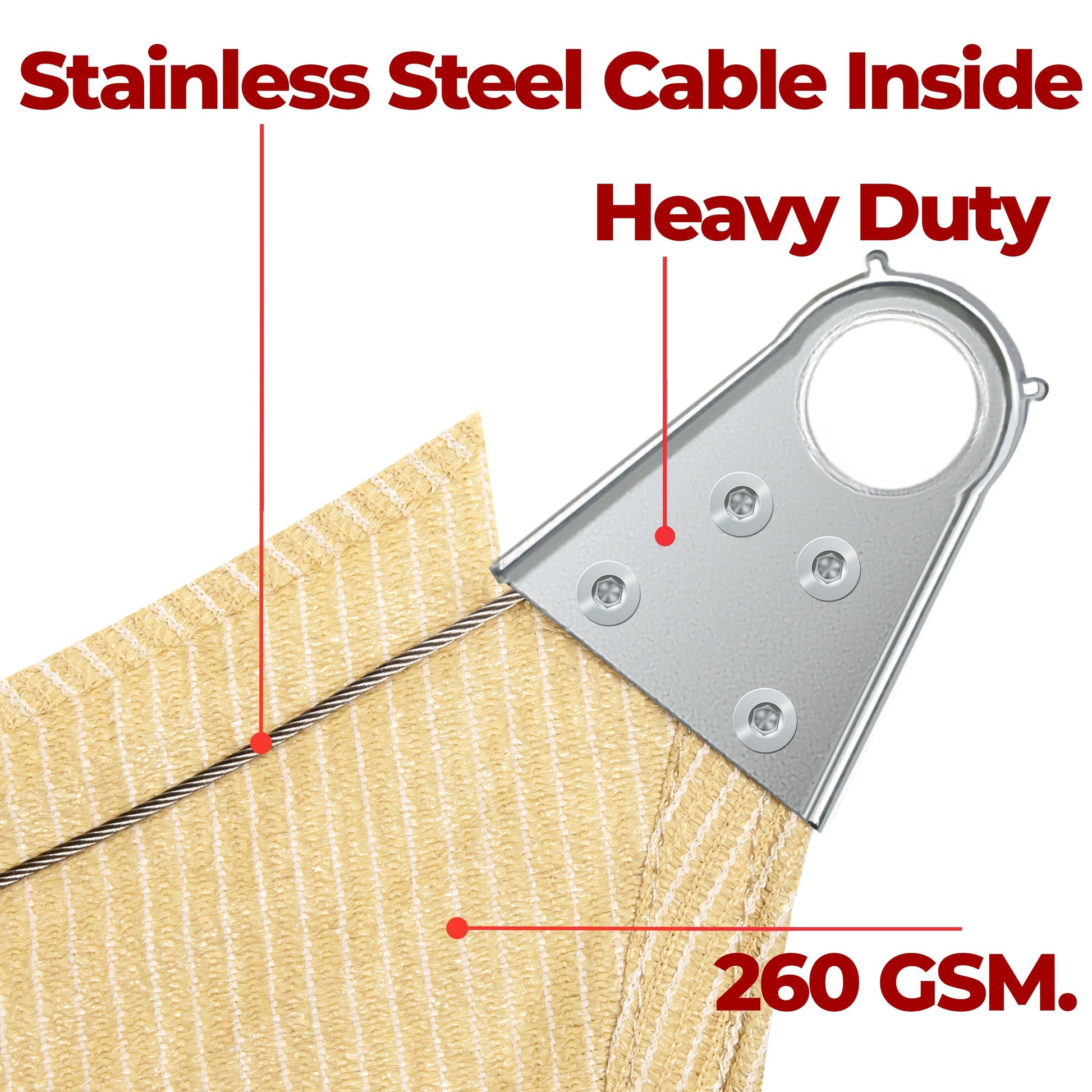 Stainless Steel Cable Inside Heavy Duty 260 GSM Built to Endure Super Ring- Steel Cable Sun Shade Sail Screen Canopy, Patio and Pergola Cover