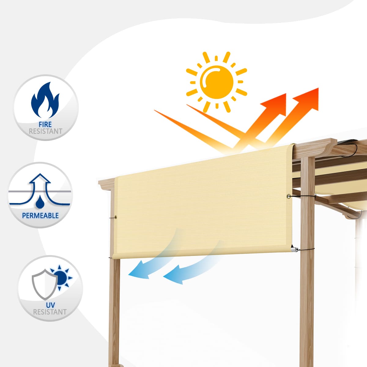 This pergola cover with metal poles is breathable and fire resistant blocking UV.