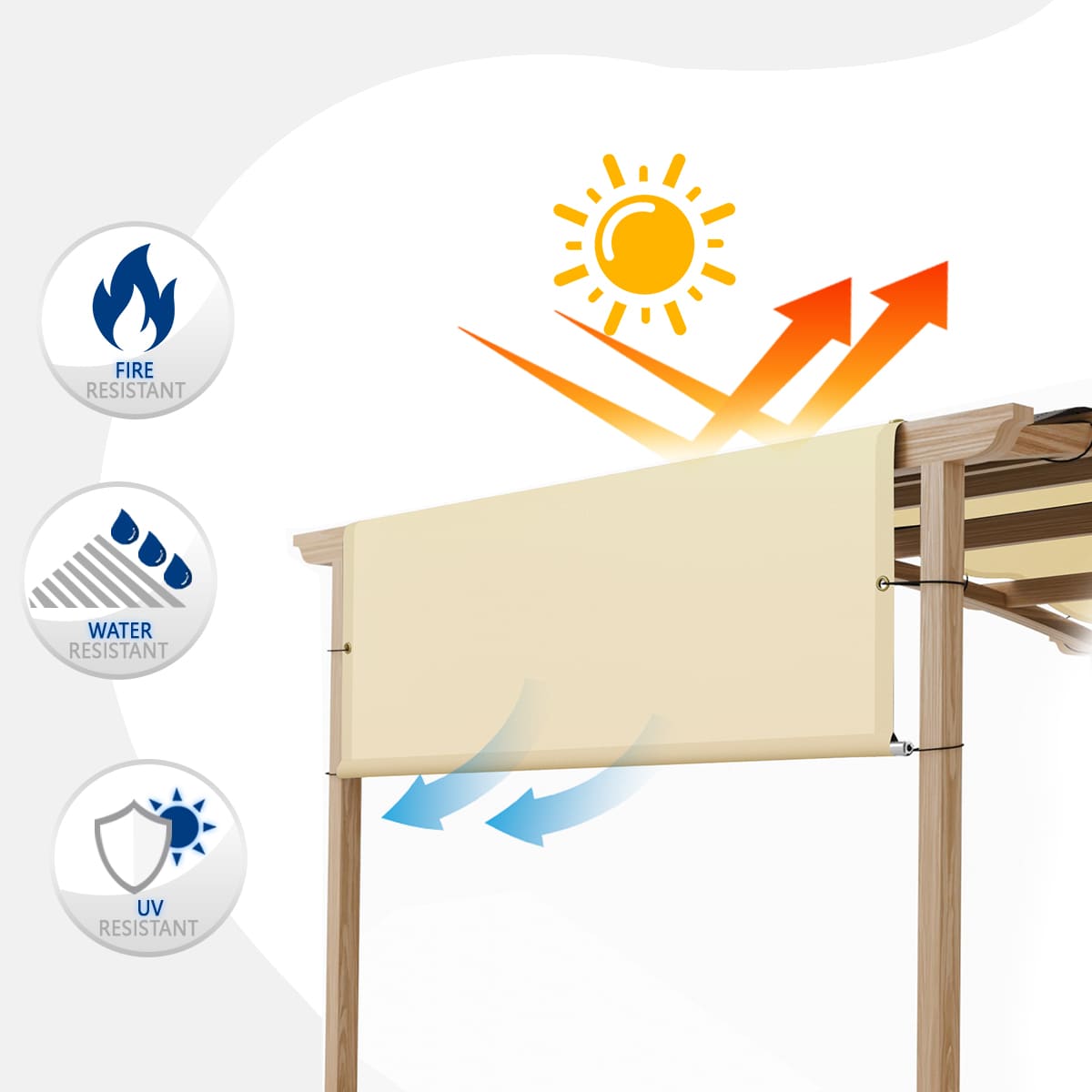 This pergola cover with metal poles is waterproof and fire resistant and blocking UV.