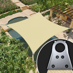 Beige AMGO Super Ring shade sail shading the pool in the back garden, with a close-up of the Super Ring in the lower right corner