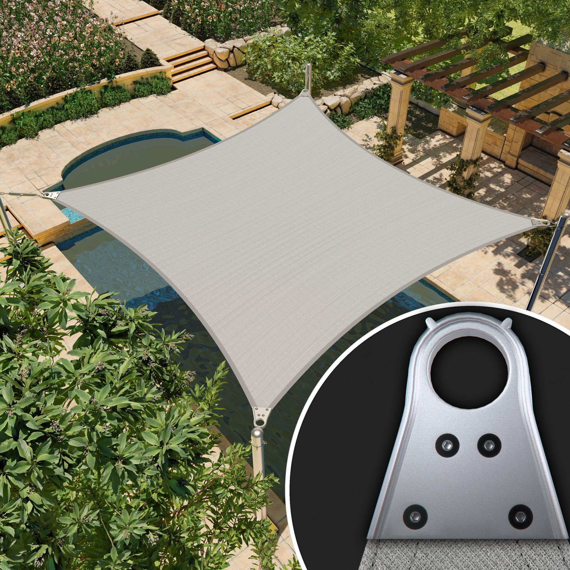 Grey AMGO Super Ring shade sail shading the pool in the back garden, with a close-up of the Super Ring in the lower right corner