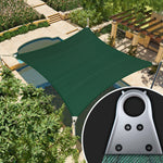 Green AMGO Super Ring shade sail shading the pool in the back garden, with a close-up of the Super Ring in the lower right corner