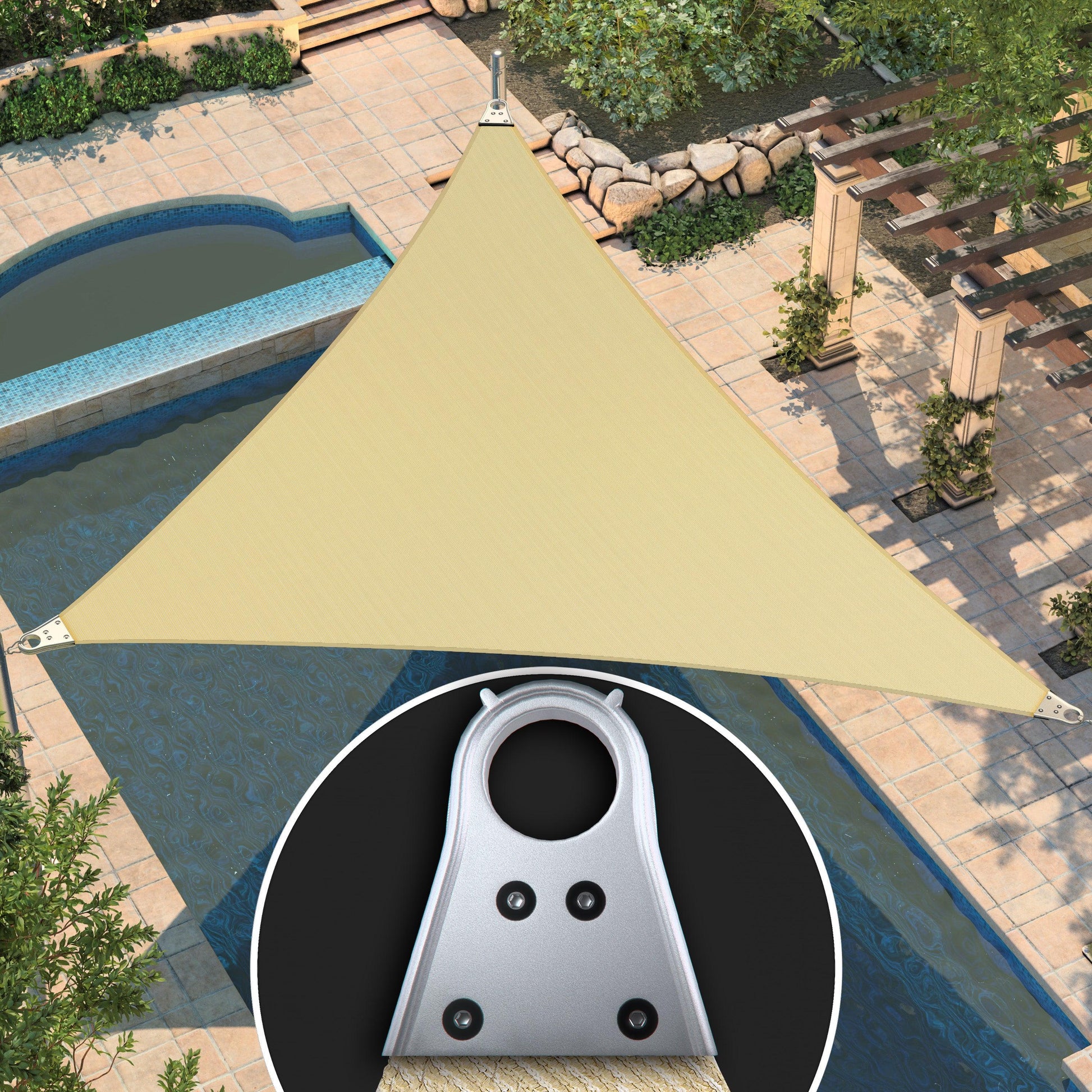 triangle beige AMGO Super Ring shade sail shading the pool in the back garden, with a close-up of the Super Ring in the lower right corner
