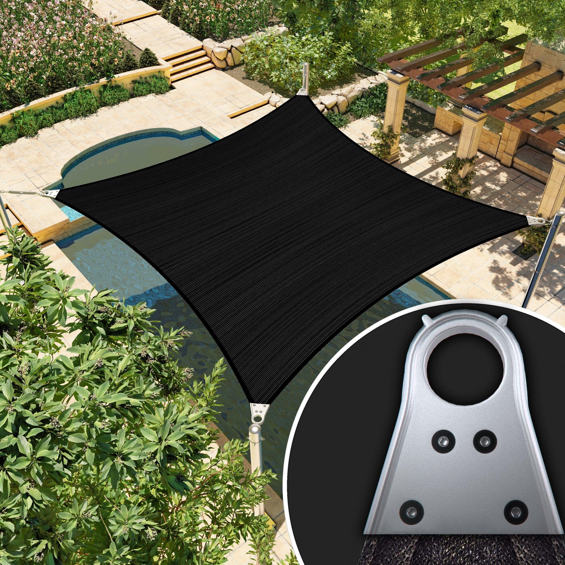 Black AMGO Super Ring shade sail shading the pool in the back garden, with a close-up of the Super Ring in the lower right corner