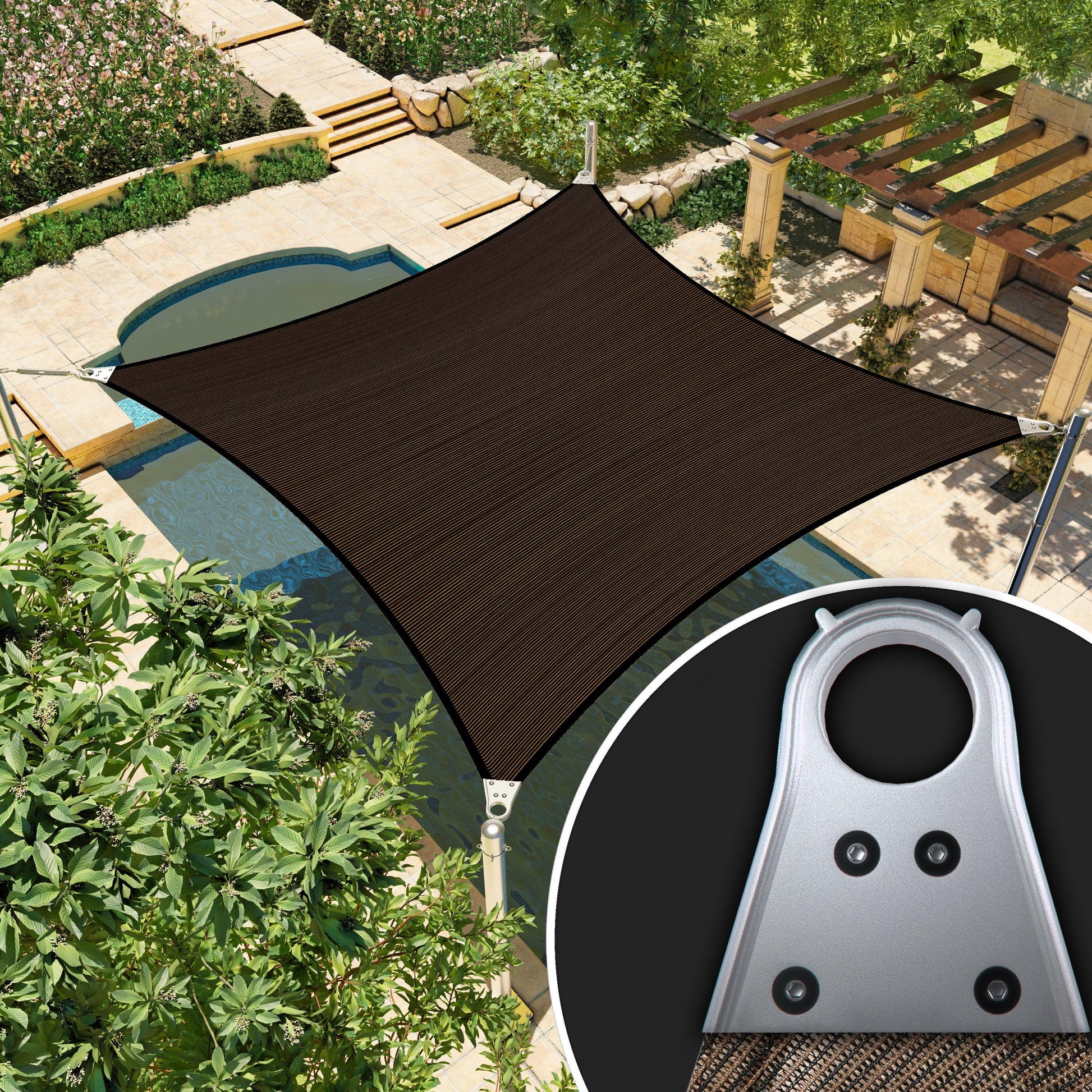 Brown AMGO Super Ring shade sail shading the pool in the back garden, with a close-up of the Super Ring in the lower right corner