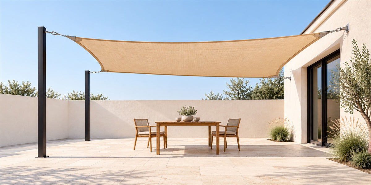 A beige shade sail over a teak dining set on a garden patio.