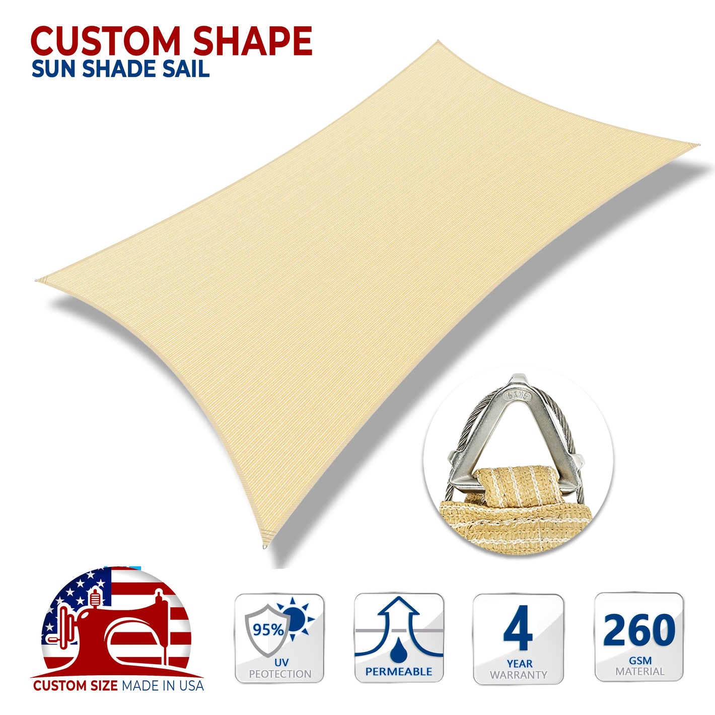 Custom Shape and Size Sun Shade Sail with Wire Ring- Pro Ring