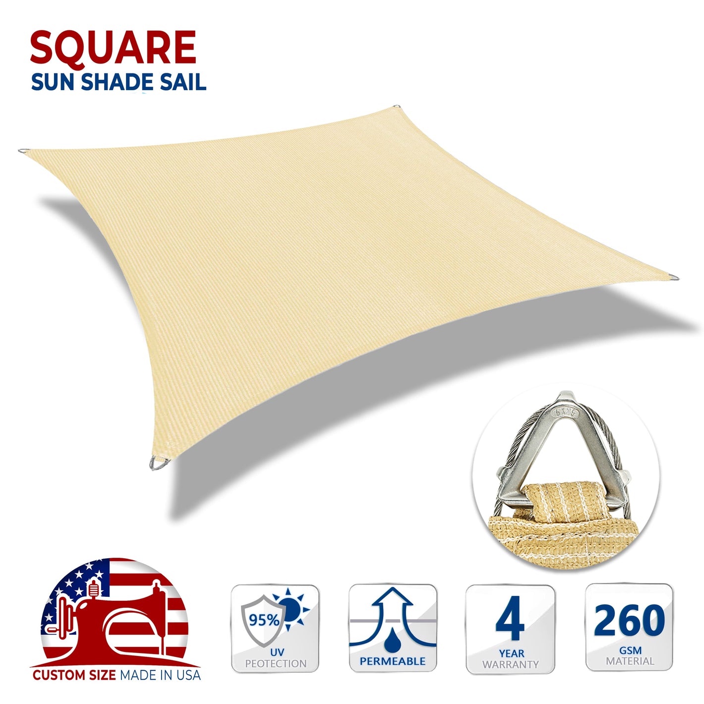 Custom Size Square Sun Shade Sail with Wire Ring -  Pro Ring