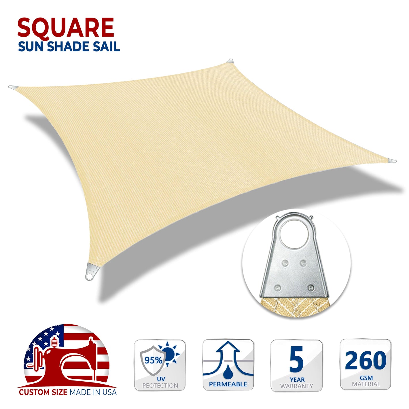 Custom Square Steel Cable Sun Shade Sail - Super Ring